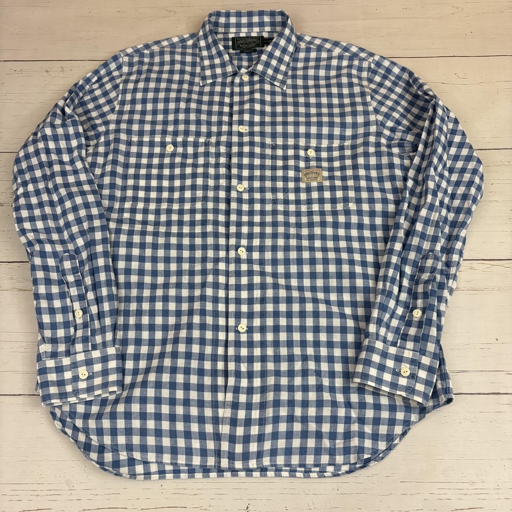 Polo Country Ralph Lauren Check Shirt Mens Large Blue Button-Up Long Sleeve